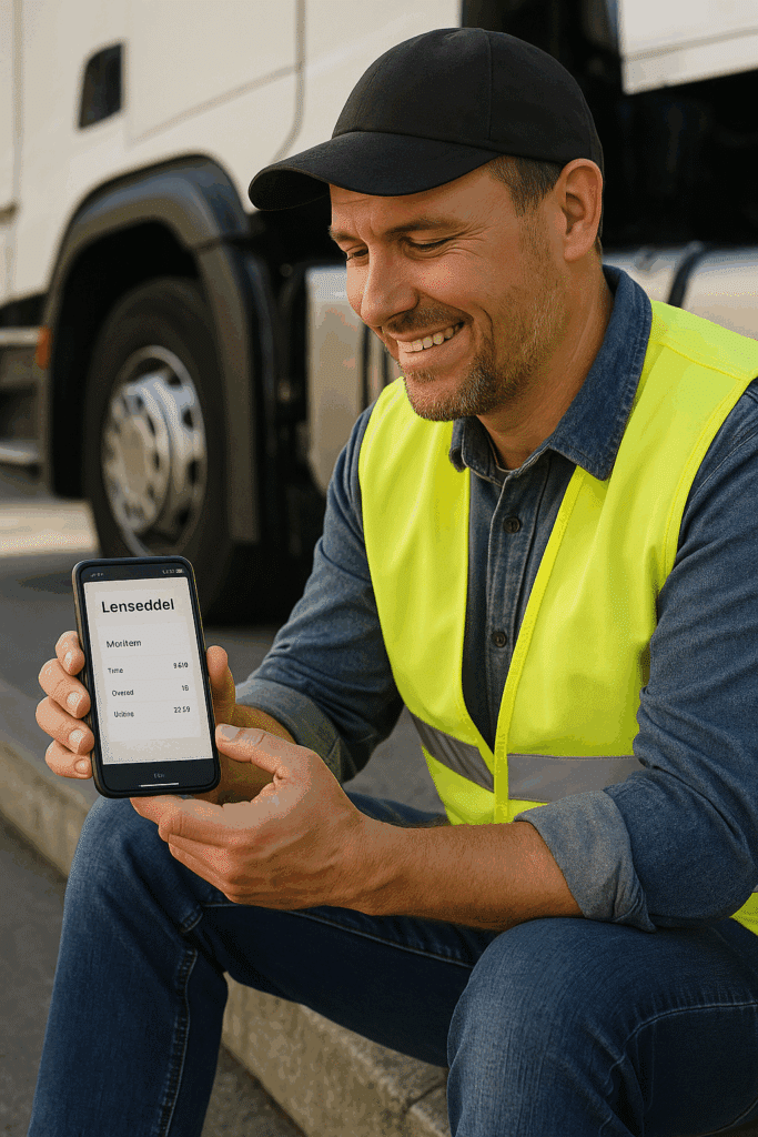 Chauffør tjekker sin digitale lønseddel på mobilen med CustomOffice under en pause ved lastbilen