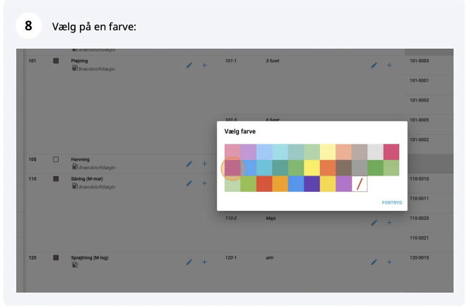 Skærmbillede af CustomOffice interface, der viser farvevalg til arbejdsområde