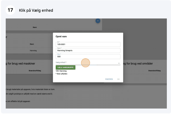 Vælg enheden og varegruppe