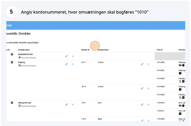 Skærmbillede af CustomOffice arbejdsområder og priser med kontonummer angivet