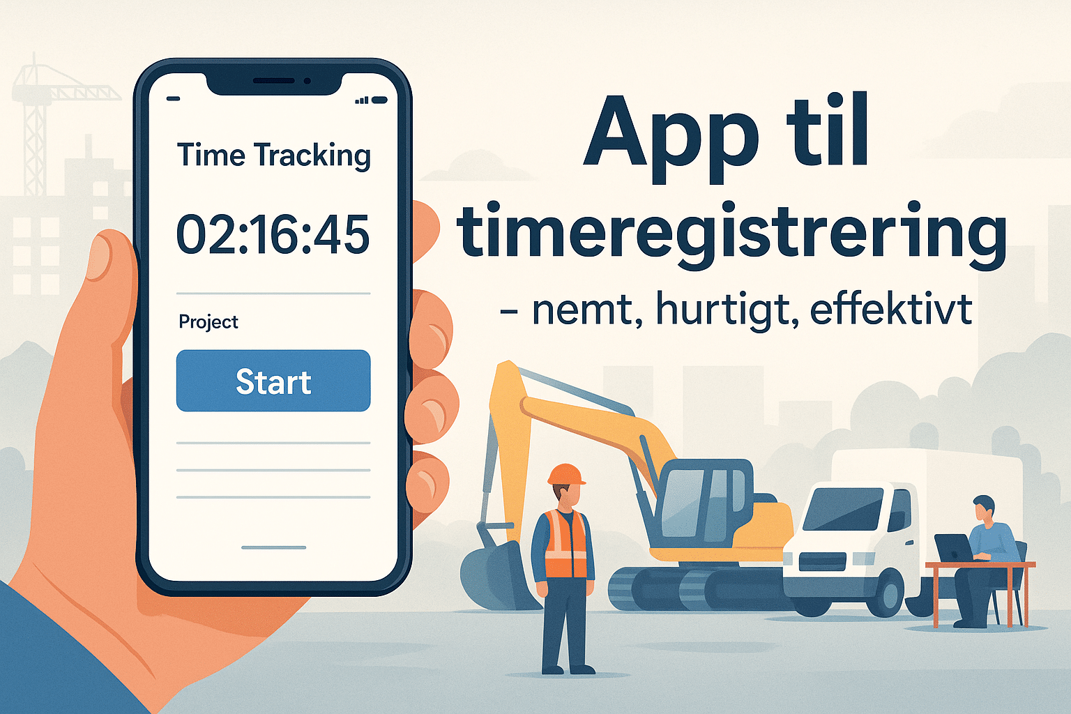 Illustration af en mobil med app til timeregistrering og arbejdstagere fra forskellige brancher i baggrunden.