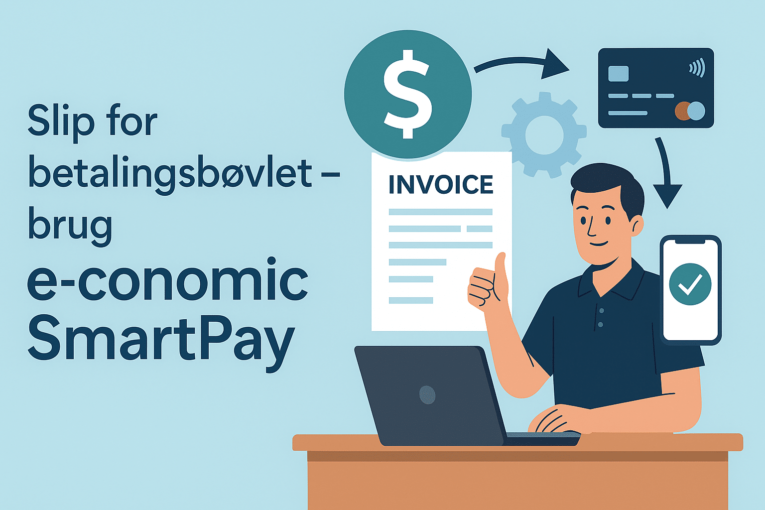 Digital illustration af mand ved computer med faktura og betalingsikoner – reklame for e-conomic SmartPay.