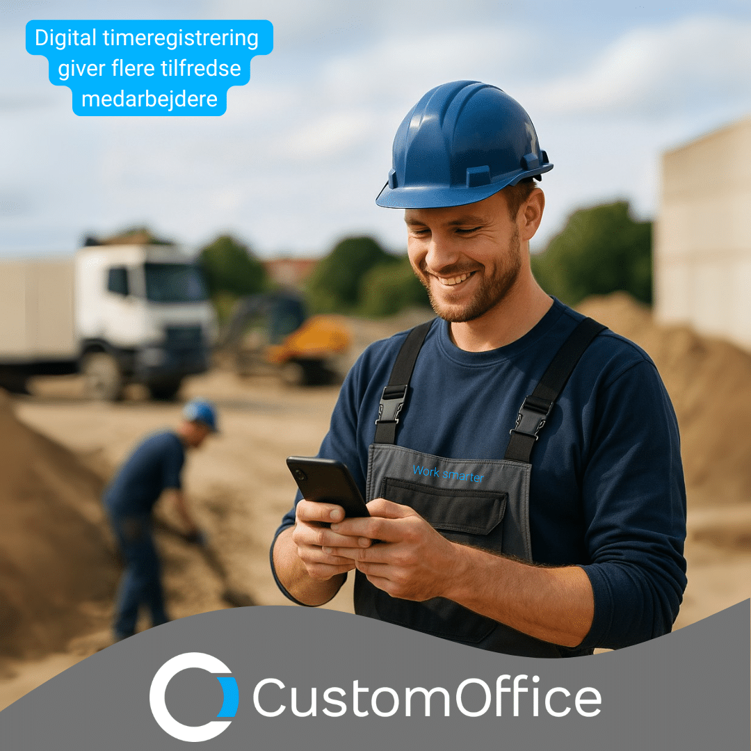 Håndværker registrerer arbejdstid i app på byggeplads med lastbil i baggrunden – moderne digital timeregistrering i praksis.
