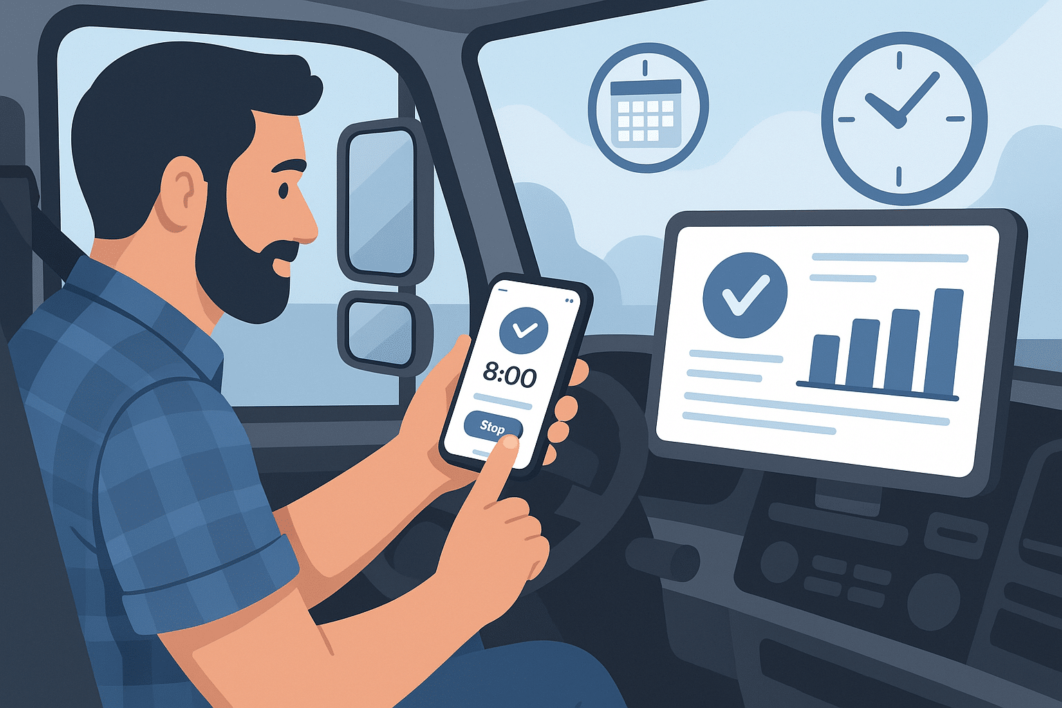 Lastbilchauffør registrerer arbejdstid via tidsregistreringsapp på sin smartphone