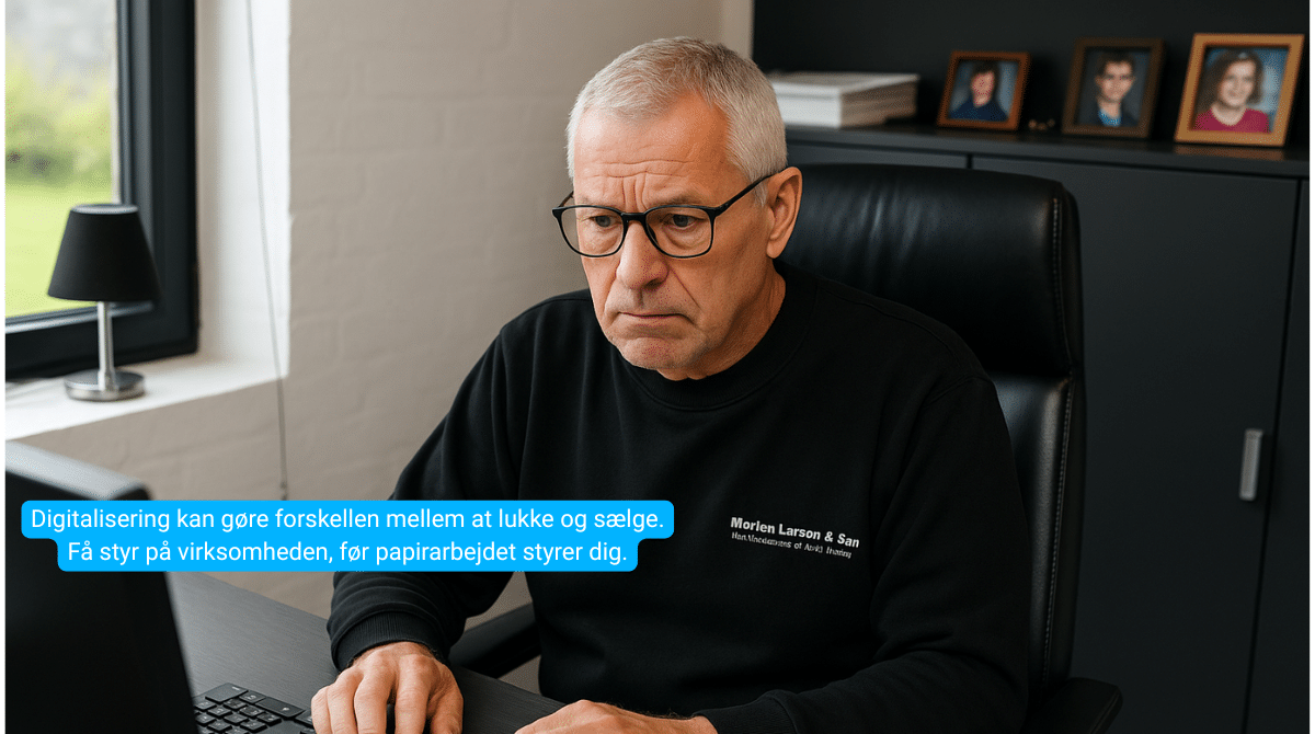 Ældre vognmand arbejder på computer med papirarbejde – overvejer at sælge virksomhed og søger løsninger gennem digitalisering.