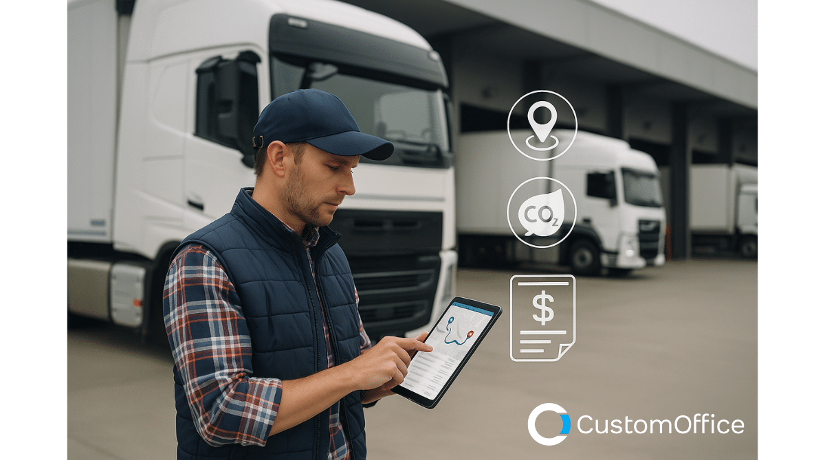Lastbilchauffør står foran en hvid lastbil med en tablet i hånden, der viser ruteplan. Digitale ikoner for GPS-tracking, CO₂-rapportering og faktura fremhæver digitalisering i vognmandsbranchen.