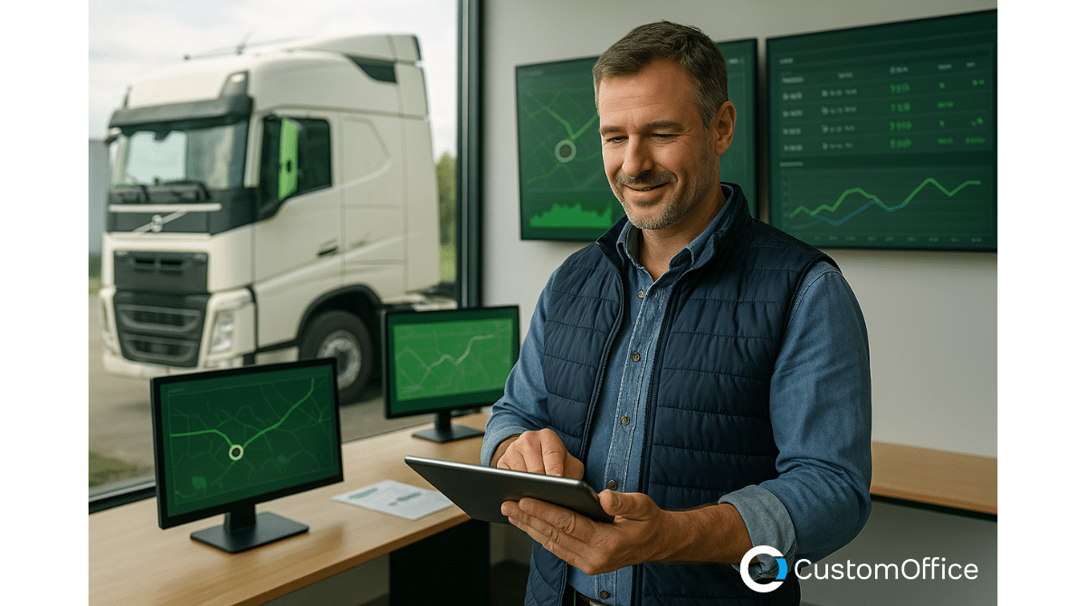 Vognmand står med tablet foran store skærme med digitale rutedata, mens en lastbil holder udenfor – symbol på digitalisering i transportbranchen.