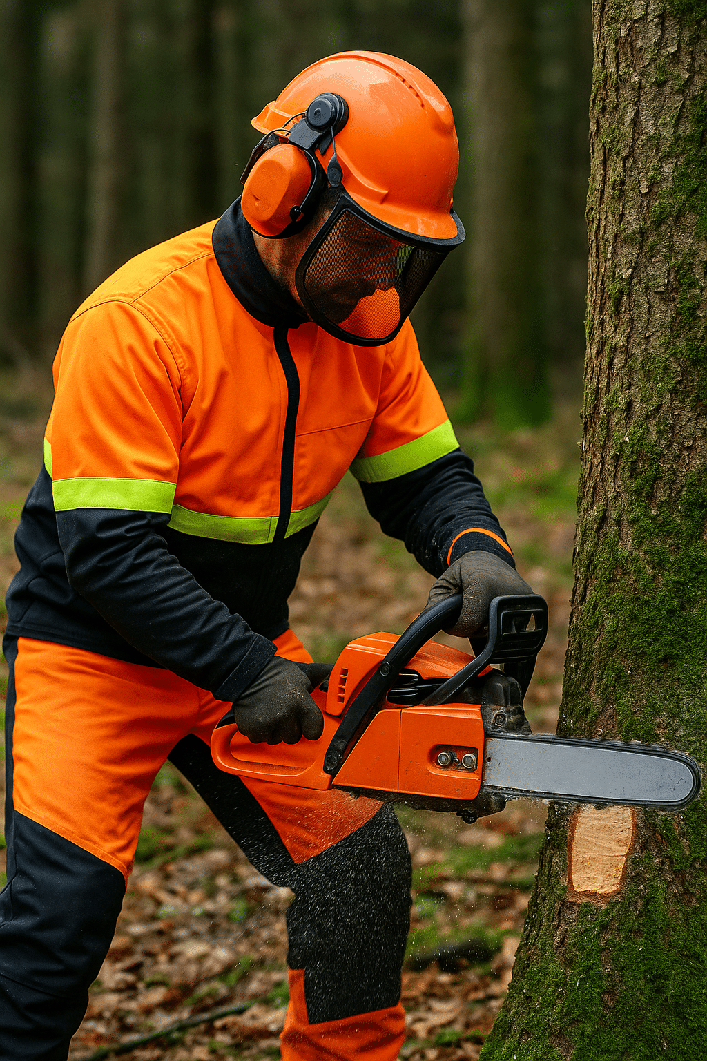 Entreprenør gennemfører motorsavskursus med sikkerhedsudstyr