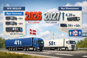 Nye regler for lastbilers vægt og dimensioner i Danmark fra 2026 og 2027 – øget totalvægt, større vogntog og højere tilladt køretøjshøjde.